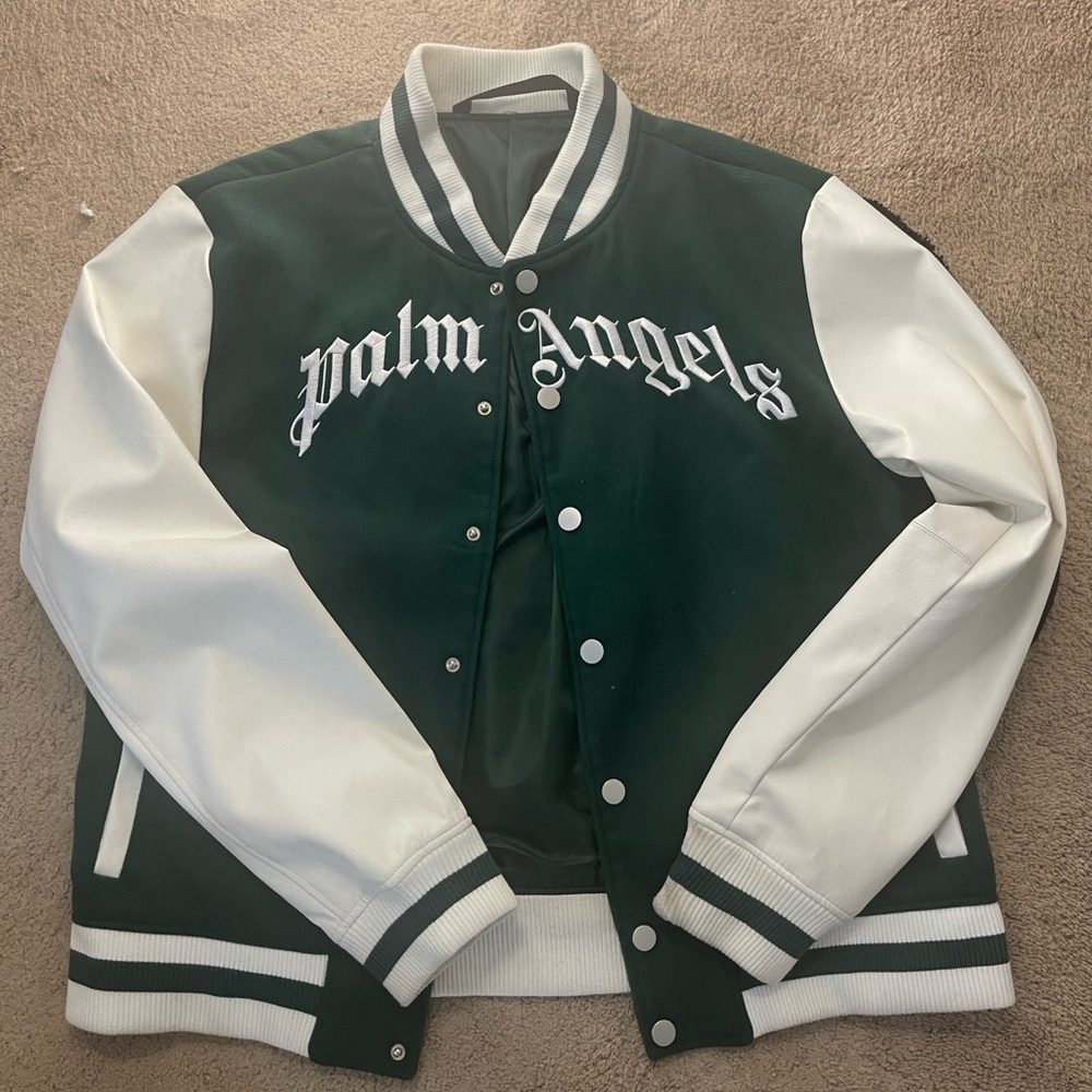 Palm Angels Dark Green and White Bomber Jacket